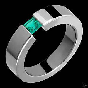 Womens Titanium & Emerald Tension Set Wedding Band Ring  