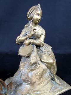 Antique Bronze Statue, Clock Topper, Woman Tambourine Player  