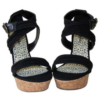 Fab Star Style X Straps Canvas Cork Platform Wedge Heel Sandal Black 