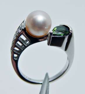 Designer Pearl Tourmaline Diamond Ring 18K White Gold 6g Estate 