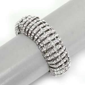 Crystal Stretch Bracelet ; 1W; Silver Metal; Clear Crystal Stones 