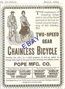 1904 POPE 2 SPEED CHAINLESS BICYCLE AD JUVENILES BIKE  