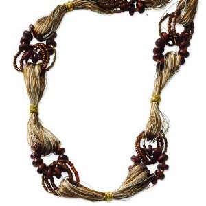  Gold Tone Hamba Wood/Multi Color Thread Slip On Necklace Jewelry