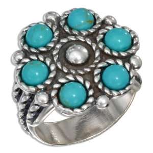  Sterling Silver Turquoise Flower with Roped Design Ring 