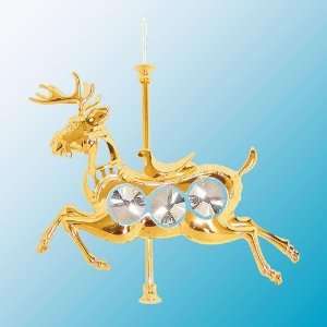  24k Gold Carousel Reindeer Ornament   Clear Swarovski 