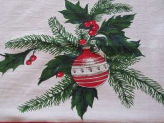 Vintage Cotton Christmas Tablecloth Large Shiny Brite Ornaments/Holly 