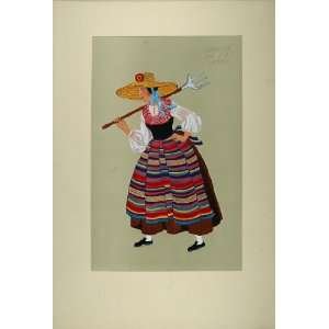 1929 Pochoir French Woman Dress Hat Pitchfork Alsace   Orig. Print 