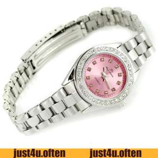 Shining Pink Small Steel Girls Womens Quartz Crystal Watch Battery 