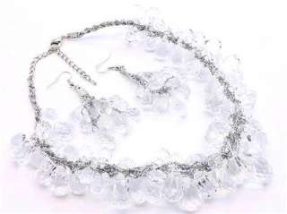 CLEAR FACETED LUCITE DROPS SILVERTONE STRING LINK NECKLACE EARRING 