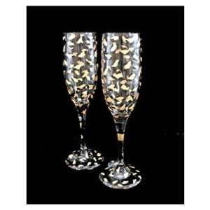 Gold Leopard Design   Hand Painted   Matching Set of Toasting Flutes 