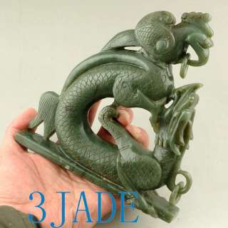 Natural Nephrite Jade Carving: Dragon Phoenix Statue  