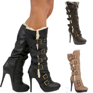 Ladies Platform High Heel Stiletto Winter Fur Zip Calf Knee High Boots 