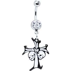  Black and White Double Skulls Cross Belly Ring: Jewelry