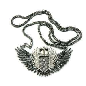  Iced Out Pave Crown Wing Pendant w/Franco Chain Hematite 