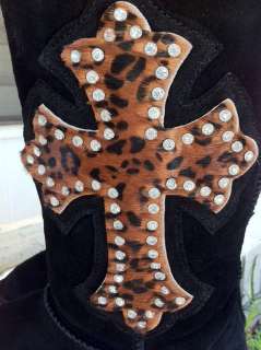   Western Cowgirl Black Suede Cowhide Leopard Winter Fleece Cross Boots