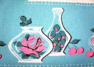 Vtg 50s EAMES Tablecloth SPRING EASTER ROBIN EGG BLUE PINK ROSE CHERRY 