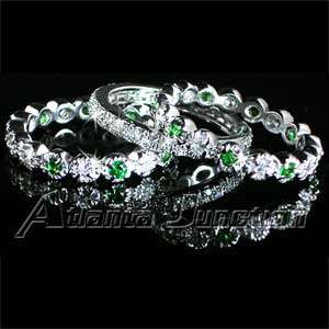 Ring Set Green Emerald Simulated / Brilliant Clear CZ Eternity Bands 