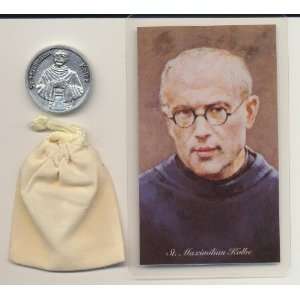 Saint Maximilian Kolbe Pocket Token Coin with Holy Card and Velour Bag 