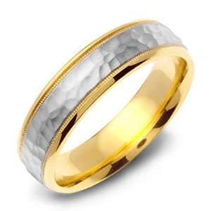   14K Two Tone Gold Hammered Milgrain Domed Wedding Band Ring: Jewelry