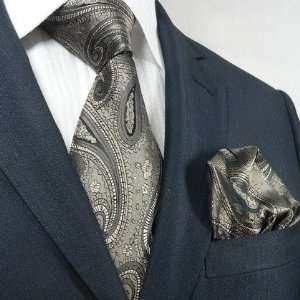 Landisun 98K Dark Gray Paisleys Mens Silk Tie Set: Tie+Hanky &Plastic 