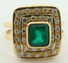 Ladies 18K Yellow Gold Emerald and Diamond Ring  