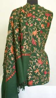 Kashmir, Wool Shawl. Crewel Embroidered on Green  