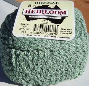Knitting Yarn Heirloom Breeze Wool Cotton Green 8ply  