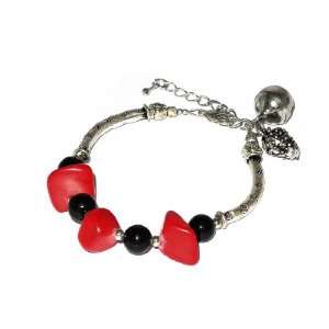 Inch Silver Bell & Red Stone & Black Onyx Bead Link Bracelet Chain 