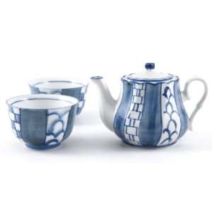  Asian Blue Basket Weave Teapot Set with Cups Kitchen 