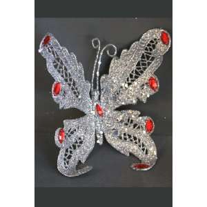  Butterfly Jewel Clip 6   Silver Glitter w/ Red Jewels 
