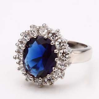 R61 18K white Gold plated blue gem Swarovski crystal Ring size 8 