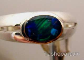 Mysterious Blue Harlequin Solid Opal Ring Sterling Silver Slit Band 