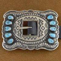   Navajo Old Pawn Style Turquoise & Silver Concho Leather Belt  