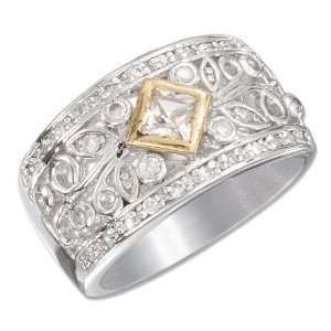 Sterling Silver 12mm Filigree Cubic Zirconia Band with Gold Plated 