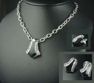 79 Silver Black Onyx Enamel Necklace & Earring Set  