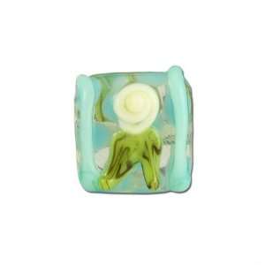   White Flower and Teal Piping Square Glass Beads   Large Hole: Jewelry