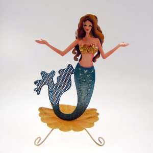 Mermaid in a Clam Jewelry Tray Display Stand All Metal Blue:  
