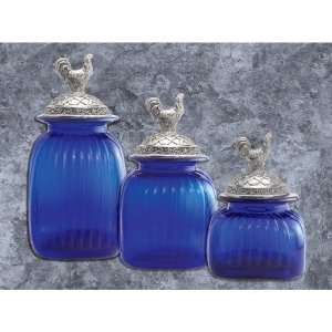  Canisters 3 Piece Set with Rooster Lid in Cobalt Blue 