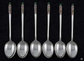 Set of 6 Asian Korean? Silver Enameled Spoons in Original Box  