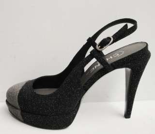CHANEL CC Logo Glitter Platform Petal Heels Slingback Pumps Shoes 38 