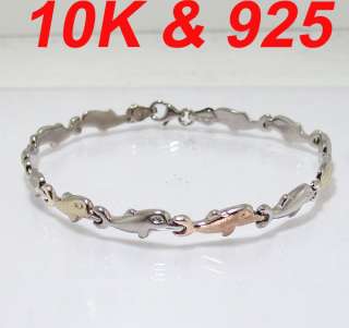 Dolphin Bracelet Silver 10K Yellow Rose White Gold 7.5  