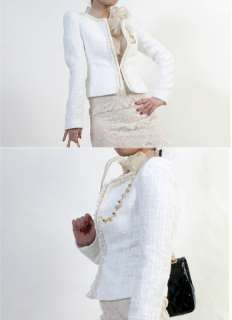 Lux Coco Chain Trim Tweed Jacket W Jewel Embellishment/WHITE  