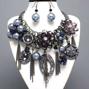 Chunky Grey Necklace & Earring Set Fashion Jewelry  