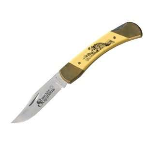 Schrade Bear Paw Yellow Derlin Handle With Wolf Scene Includes Leather 