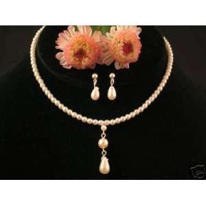   Bridesmaid Flower Girl Necklace Earring Set Ivory Pearl Jewelry
