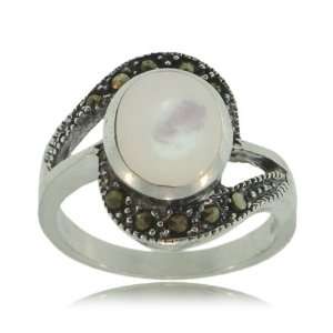  Mother of Pearl Ring W/ Marcasite Silver Oval Bypass 
