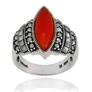  Sterling Silver Marcasite and Carnelian Marquis Ring, Size 