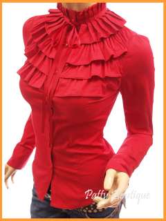 Ruffle Flounce Stand Collar Long Sleeved Blouse Top, XS  
