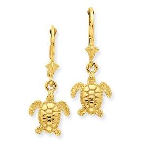  14K 3 D Mini Sea Turtle Leverback Earrings Jewelry