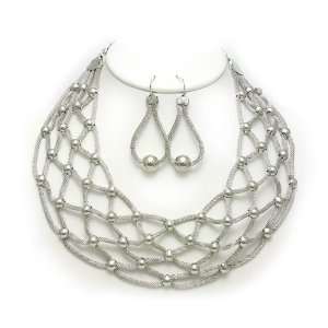  Silver Tone Mesh Woven Bib Necklace Earrings Set Jewelry